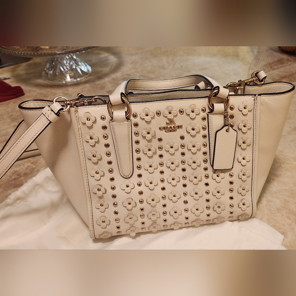 Coach Cream Floral Genuine Leather Tote Bag